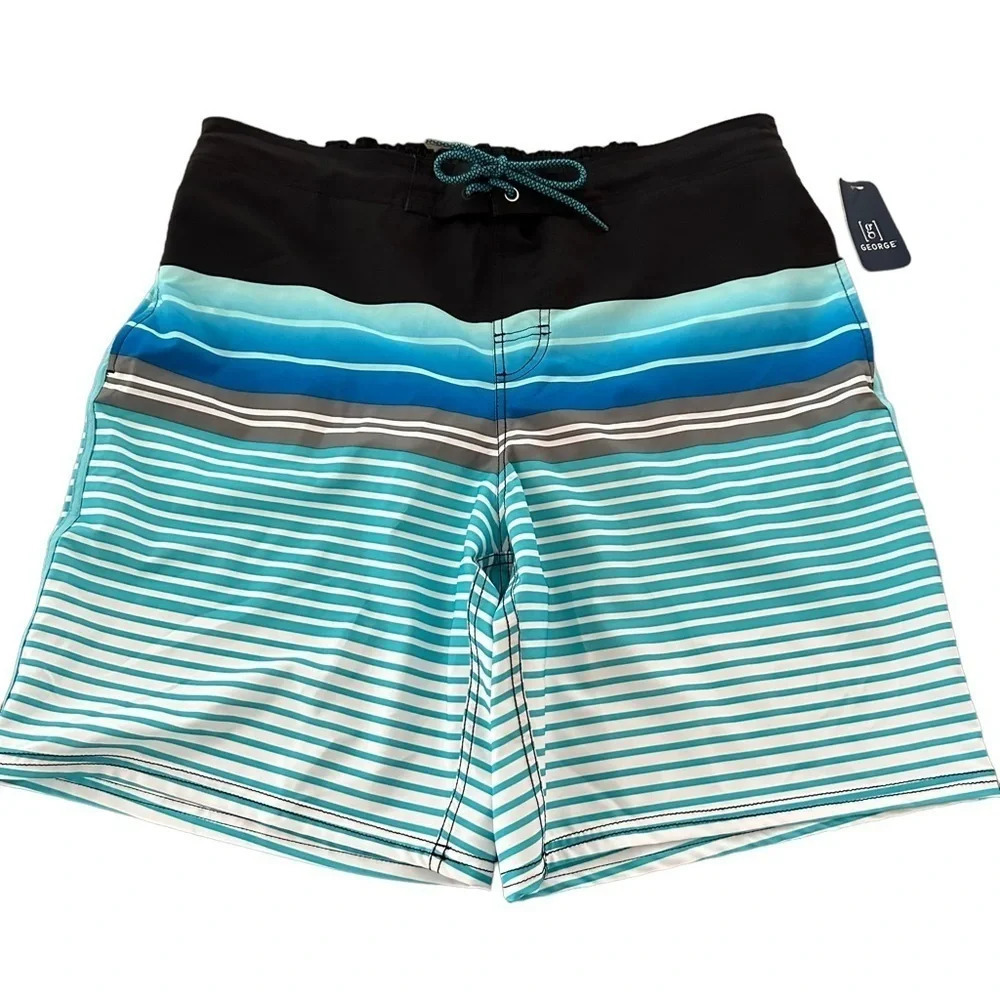 NWT George Mens Large 36-38 Striped‎ Lined E-Boardshorts 8” Inseam Shorts L Blue